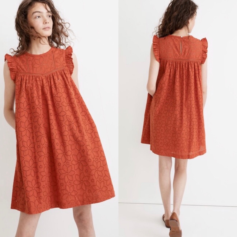 Madewell Cotton Eyelet Ruffle-Sleeve Mini Dress in Fresh Chili Sz. 1X